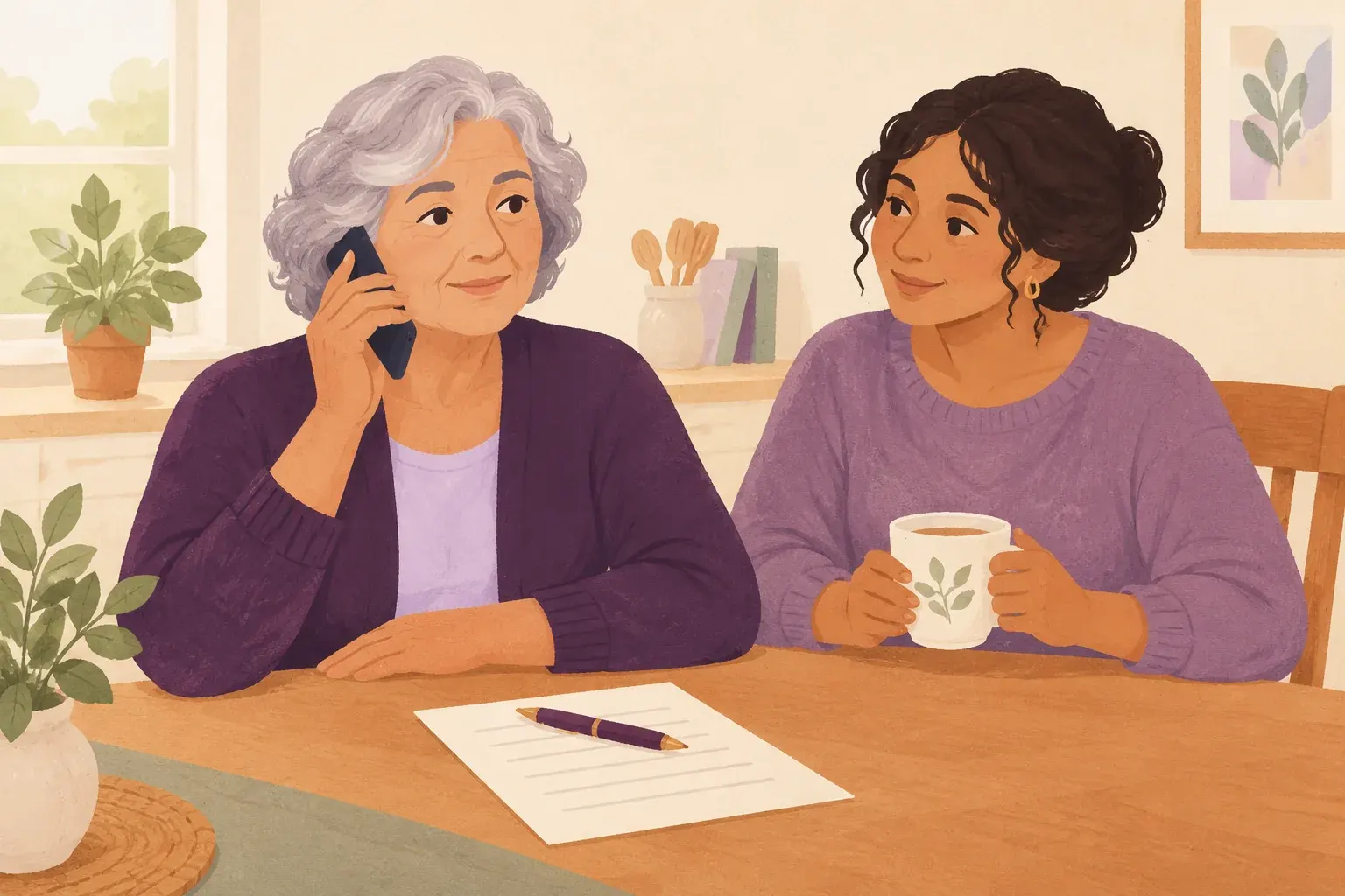 A woman makes a determined phone call at a kitchen table while a friend sits beside her with a cup of tea.