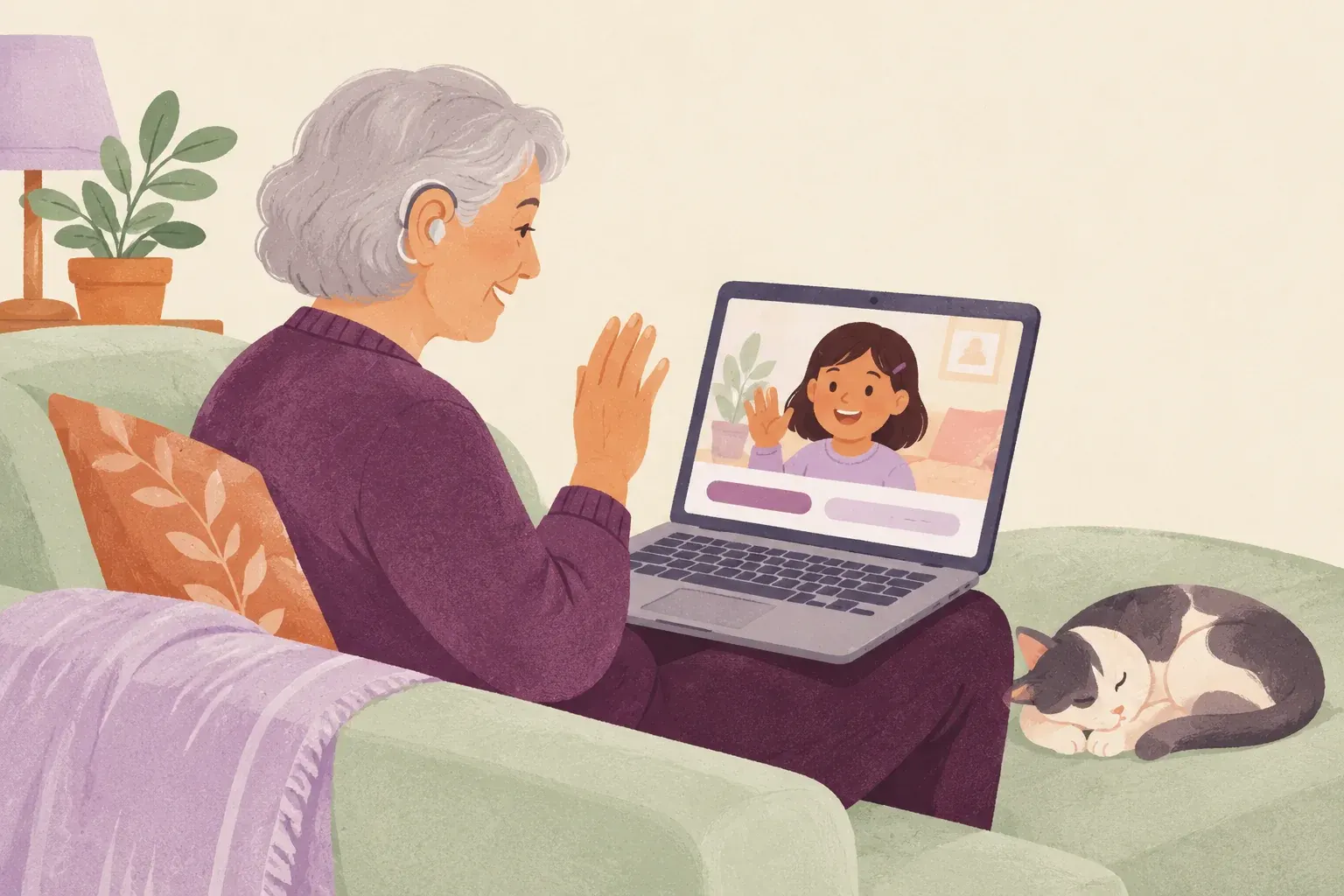 A woman wearing hearing aids video-calls a grandchild on a laptop with captions under the video.