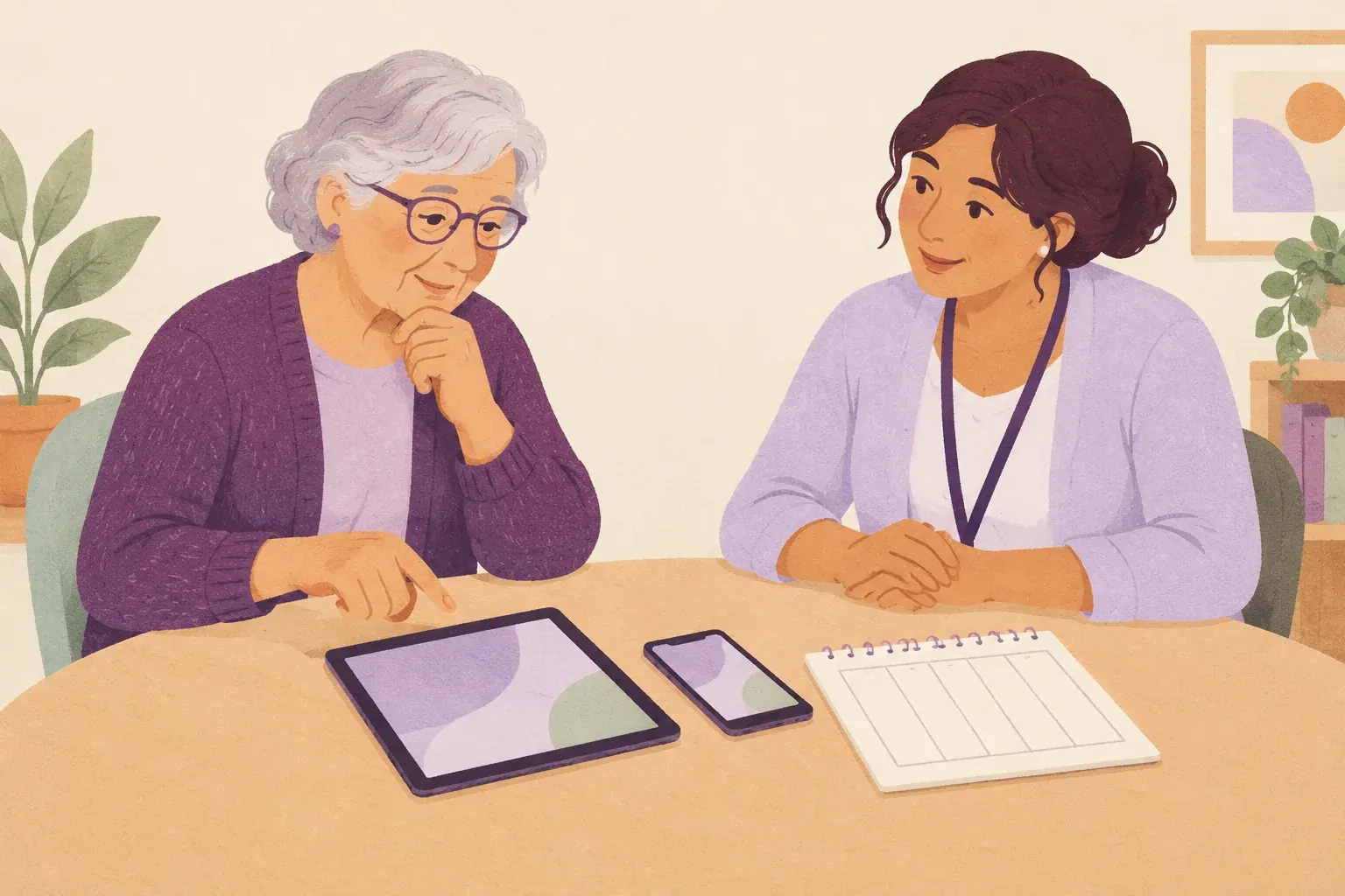 An older woman compares a tablet and a phone at a table while a volunteer listens.