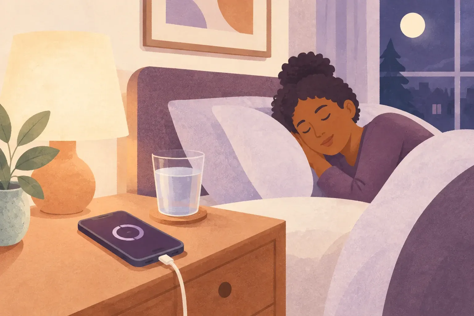 A phone charges overnight on a bedside table while its owner sleeps.