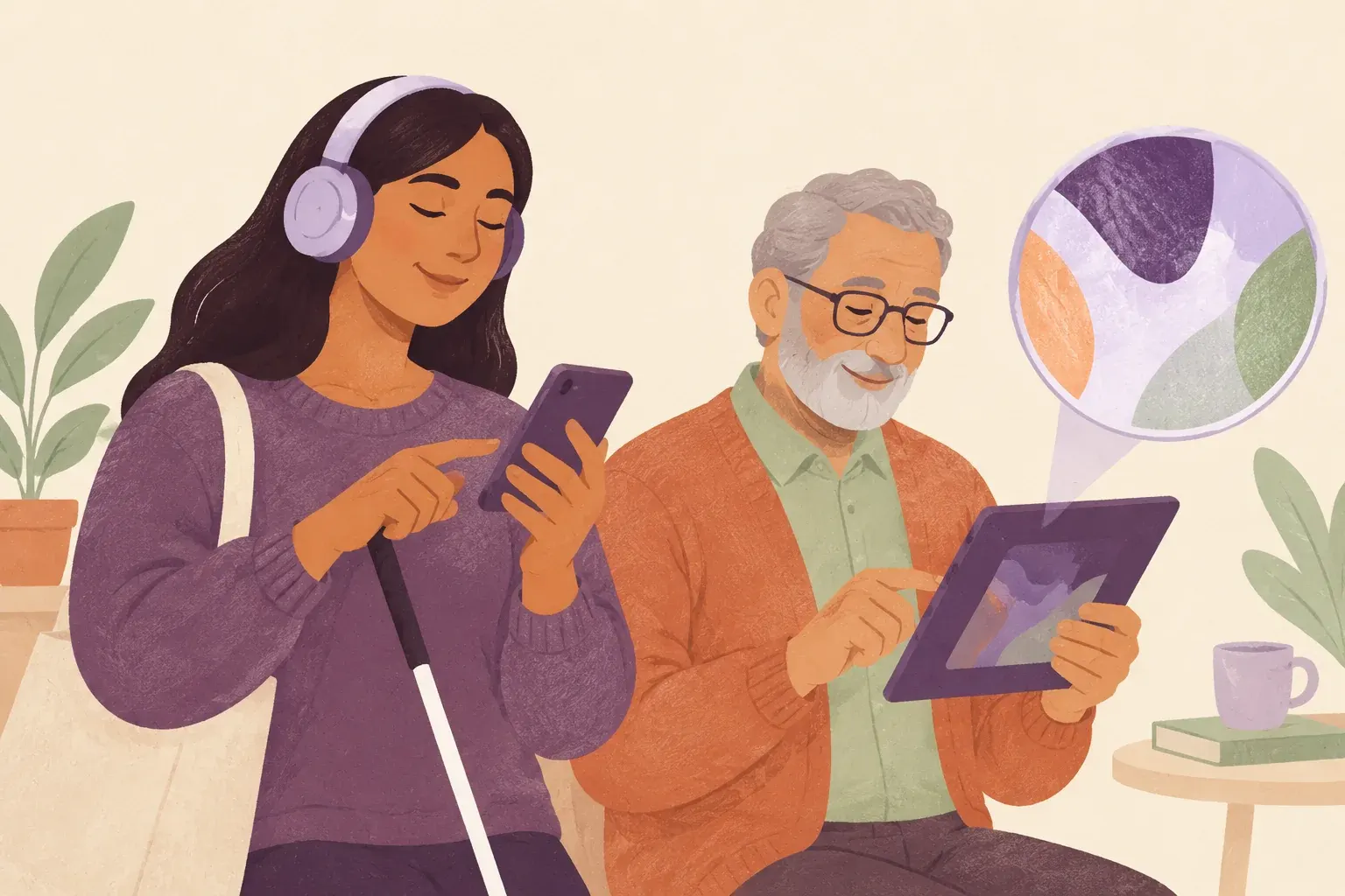 A blind woman wearing headphones uses her phone confidently; beside her, a man uses a magnified area on a tablet.