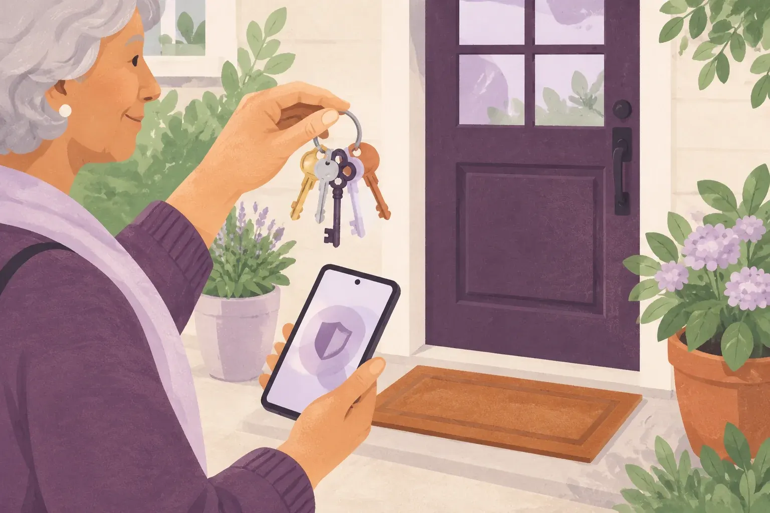 An older woman at her front door holds a ring of different keys in one hand and a phone showing a shield shape in the other.