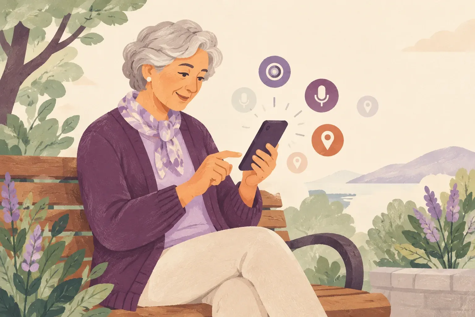 A woman on a garden bench reviews her phone settings; small camera, microphone and location shapes float around it, some dimmed.