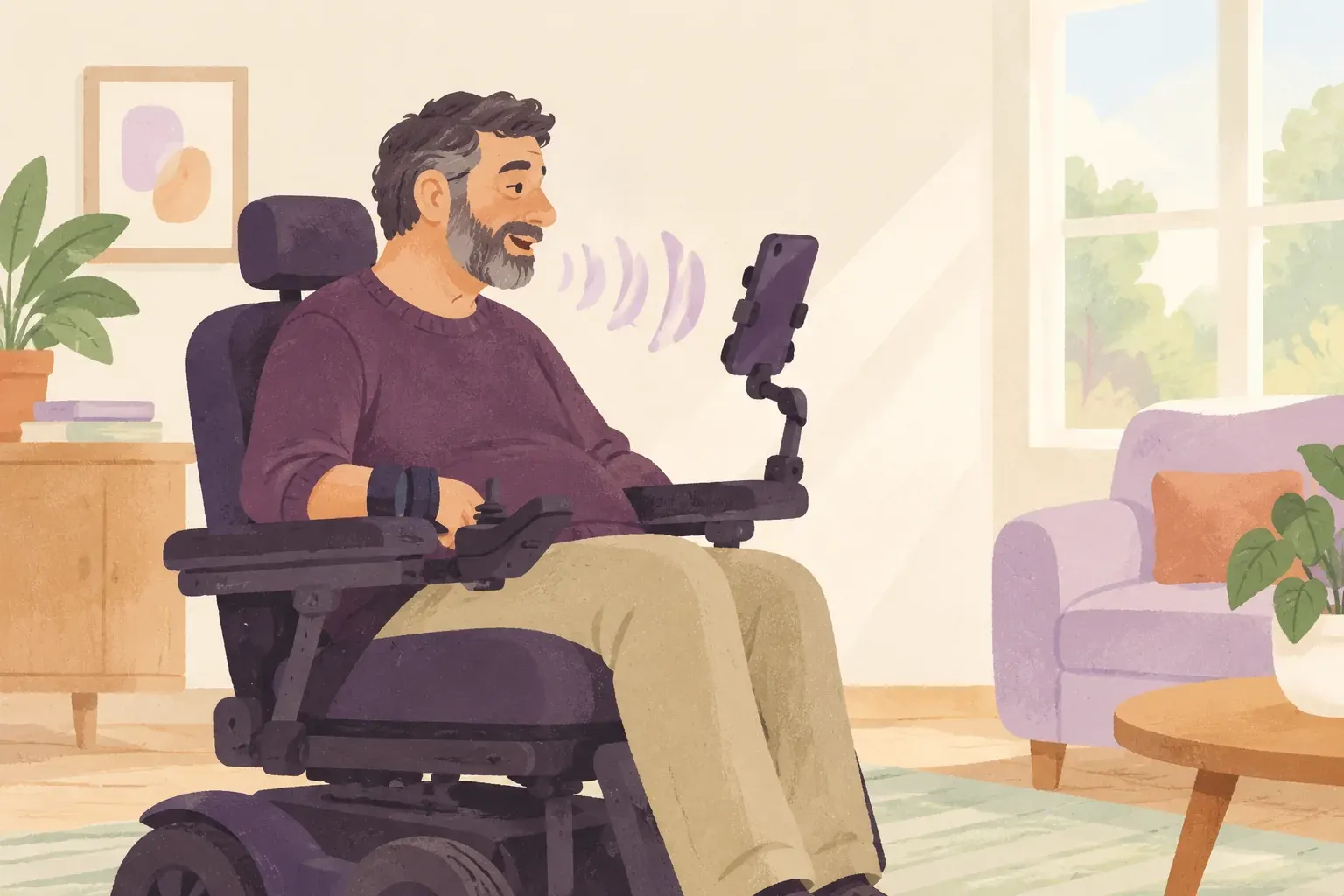 A man in a power wheelchair speaks to a phone mounted on his wheelchair; sound waves come from his voice.