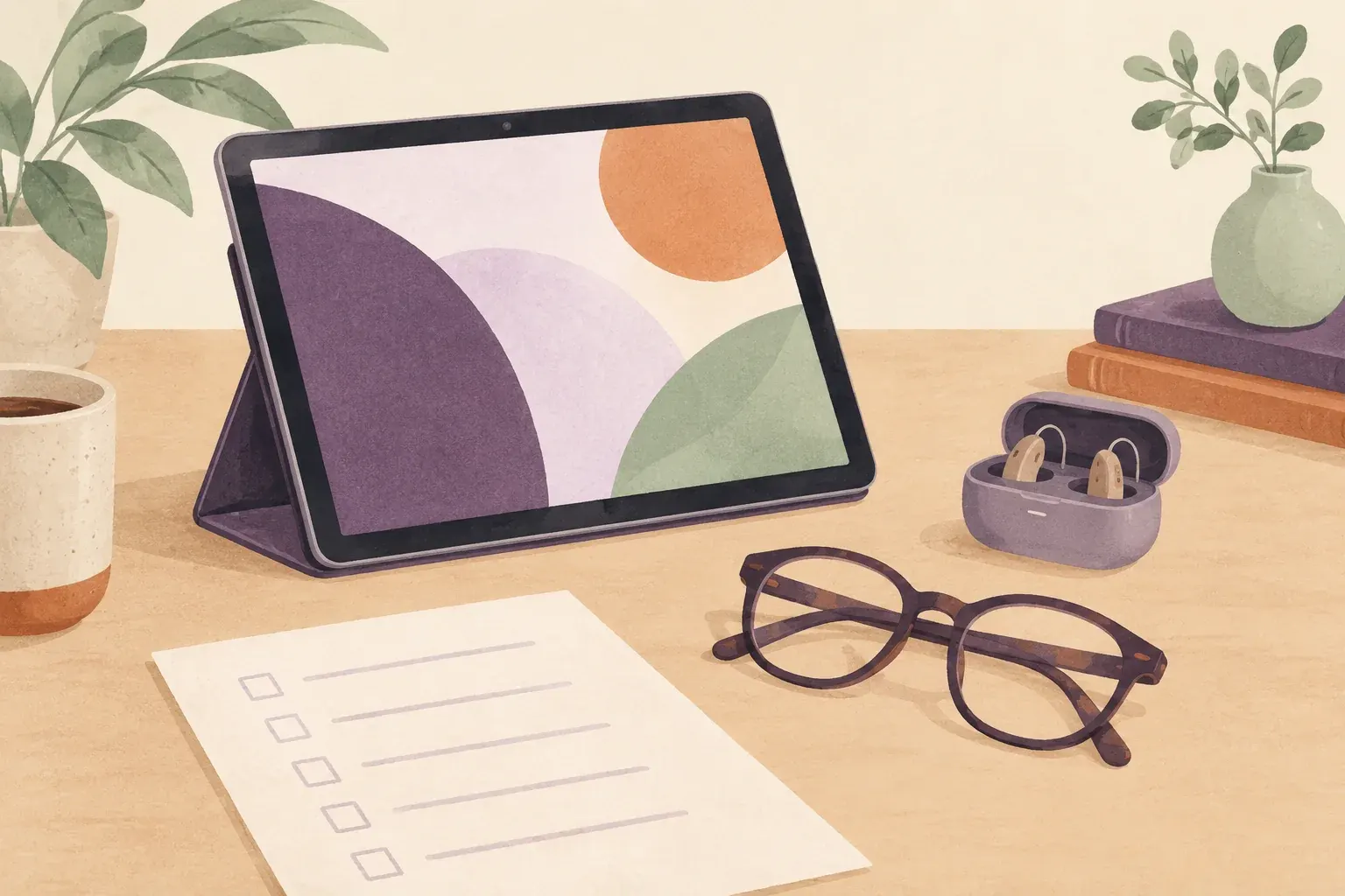 A tablet on a stand next to a printed checklist, reading glasses and a hearing-aid case.
