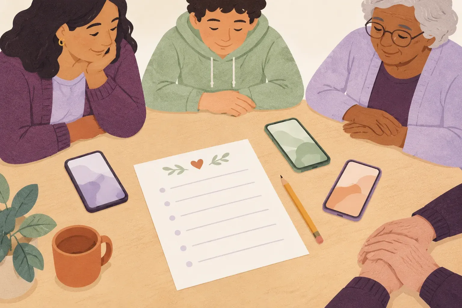 Three generations of a family sit around a paper plan, their three phones and a pencil on the table.