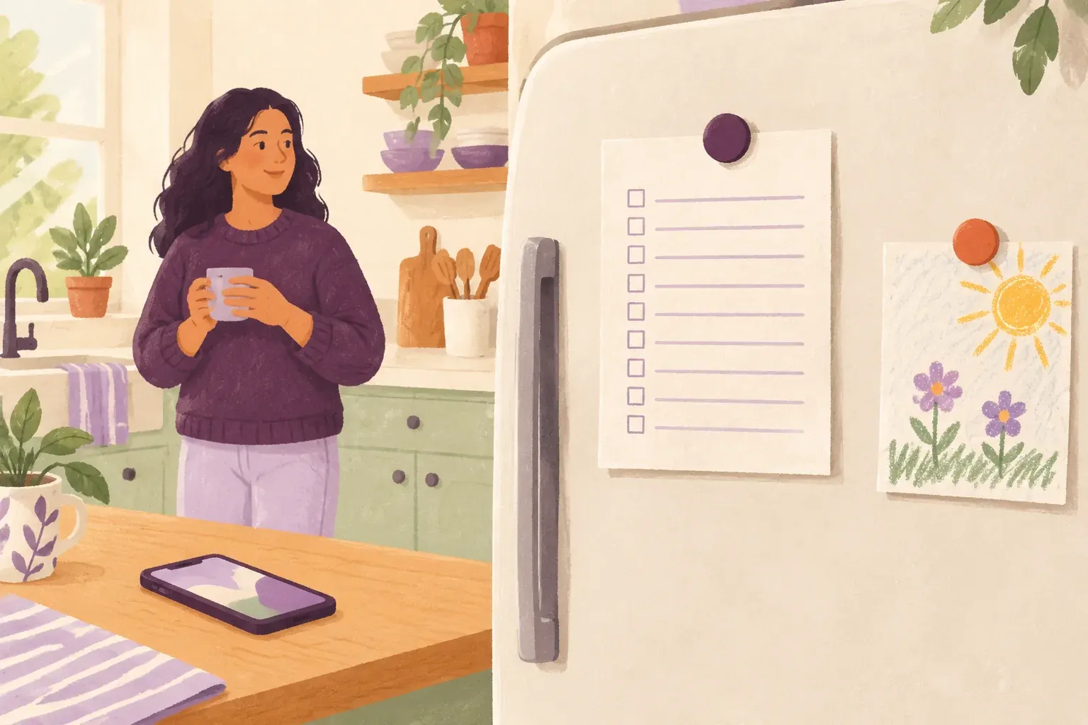 A woman with a mug stands in her kitchen beside a printed checklist held on the refrigerator by a magnet.