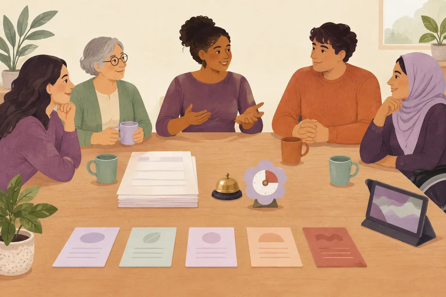 A small group chats around a table set with handouts, cups, a bell, a timer and agenda cards.