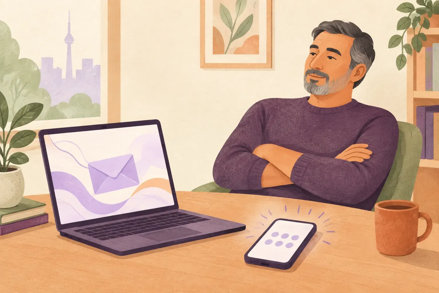 A man leans back with arms folded, choosing not to reply to an email on his laptop while a code appears on his phone.