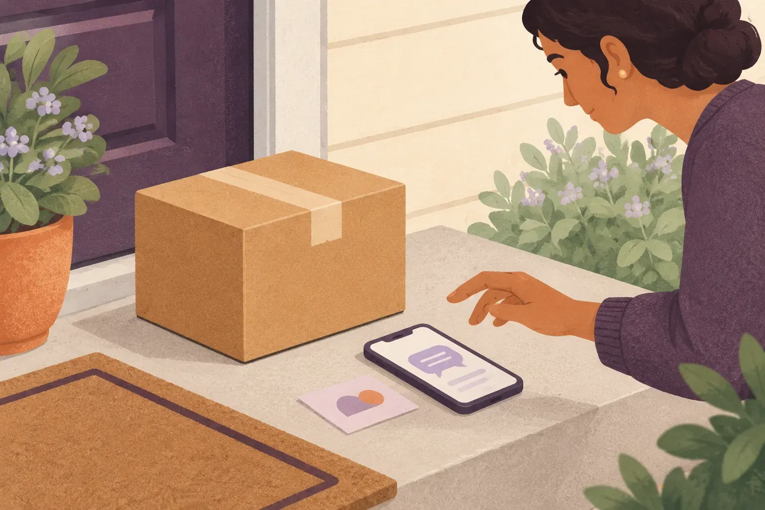 A parcel on a doorstep beside a phone with a payment request; a hand hesitates above it.