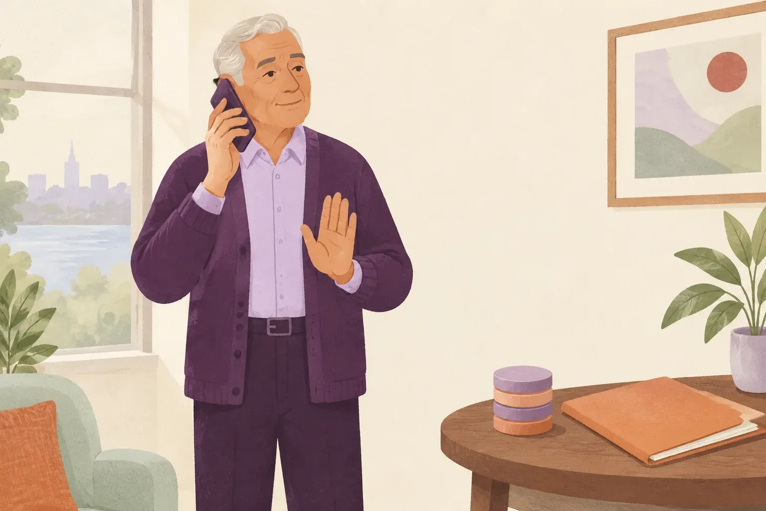 A man by a window politely but firmly ends a phone call.