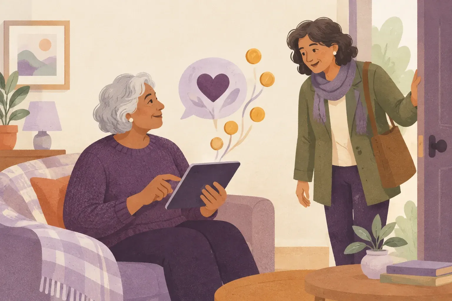 A person chats on a tablet showing a heart and coins while a trusted friend arrives to offer perspective.
