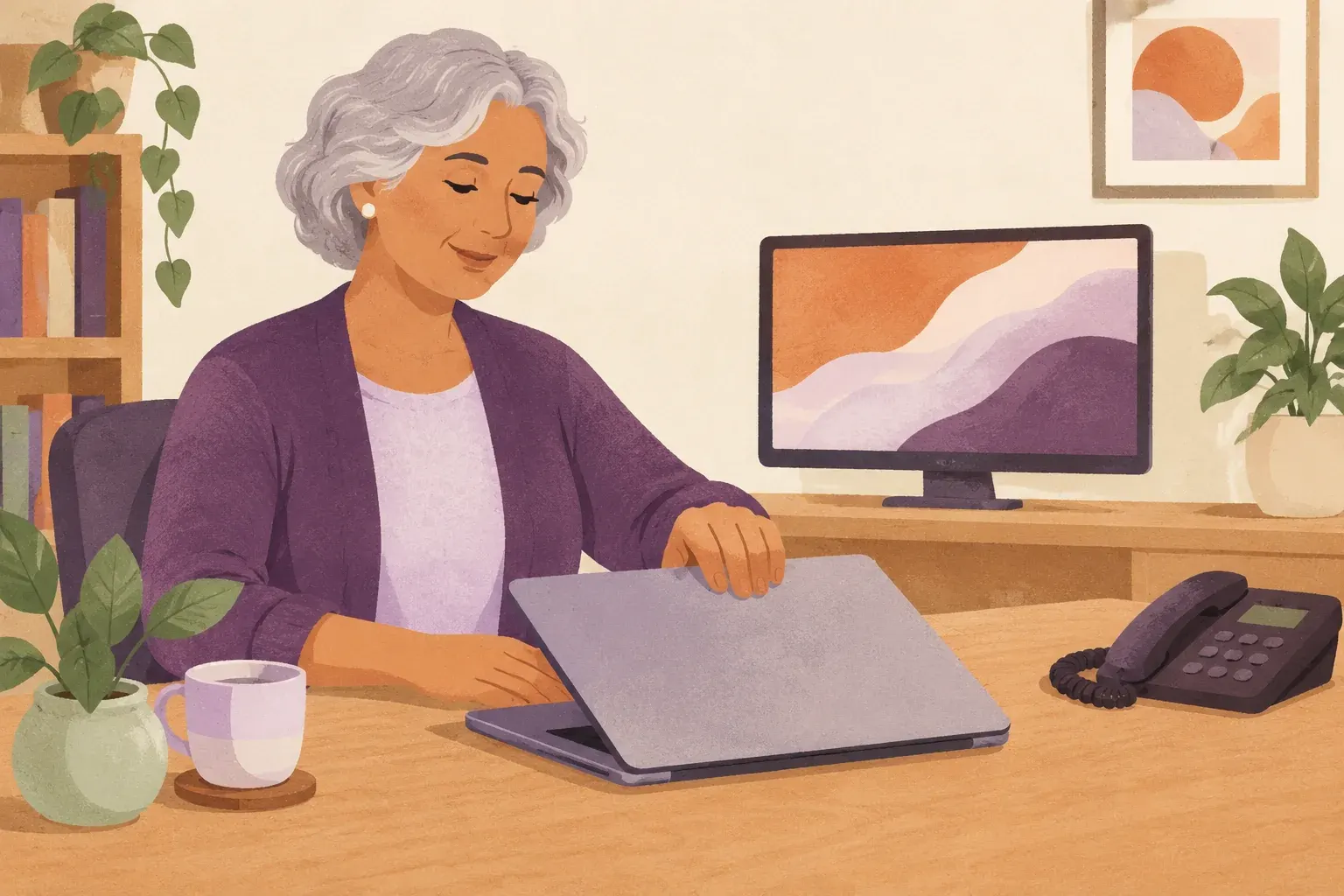 A woman calmly closes her laptop on an alarming pop-up; the phone beside her stays untouched.
